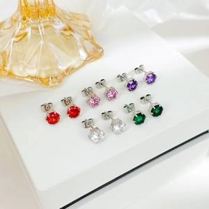 Elegant six-prong cubic zirconia stud earrings set in five vibrant colors with silver finish