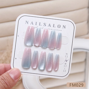Pink and blue cat eye gradient long coffin press-on nails set of 10 on display card