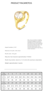 Detailed size chart for the gold adjustable 925 silver ring with white zircon