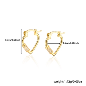 Detail showing dimensions of heart-shaped gold silver earrings with zircon pavé setting