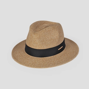 Detailed close-up of woven straw sun hat with black ribbon and metallic logo accent