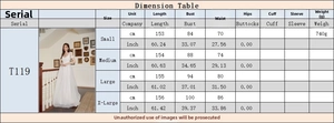Size chart for white lace maxi evening dress T119 with detailed measurements in CM and inches