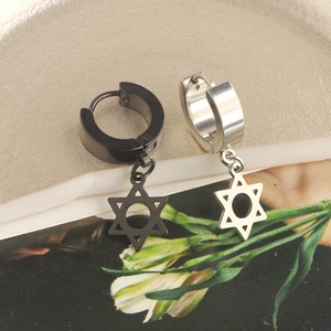 Silver and black punk-style titanium steel hoop earrings with star pendants
