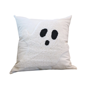 Halloween ghost throw pillow cover with white looped embroidery for festive sofa decor