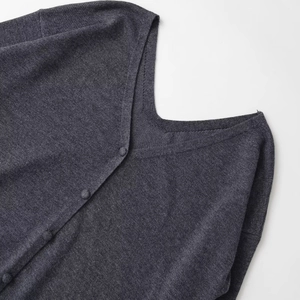 Women's V-neck charcoal grey knit cardigan with matching fabric-covered buttons