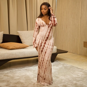 Women Maxi Dress Knit Long Sleeve Deep V Neck Tie Dye Marble Print Slim Fit Bodycon Casual Elegant Long Dress