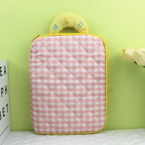 Pink and white checkered quilted laptop sleeve with yellow handle and Melody embroidery