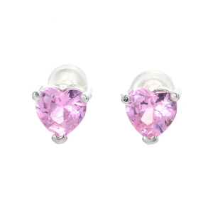 Minimalist heart-shaped pink zircon stud earrings with classic silver three-prong setting