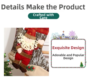 Detail of 3D Santa Claus on a rustic burlap Christmas stocking with festive red trim