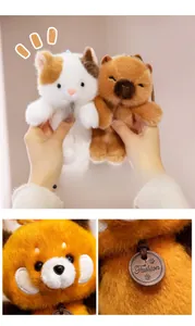 Close-up of soft plush cat and capybara charms with luxury leather fashion tags