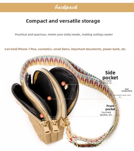 Close-up of khaki nylon crossbody bag with three zipper compartments and woven strap