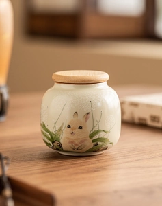 Macro shot of Ru-kiln ceramic tea canister with hand-painted rabbit and wooden lid