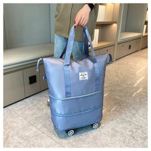 Detail of blue expandable Oxford travel bag with universal wheels and sturdy handles