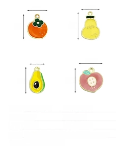 Size chart for enamel fruit charms showing dimensions of persimmon and peach pendants