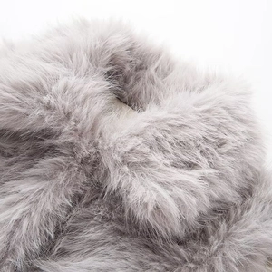 Close-up detail of gray faux fur vest showing premium soft fluffy texture and material
