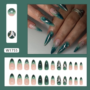 Y2K dark green gradient press-on nails with 3D fluid silver lines and blue 3D water drops