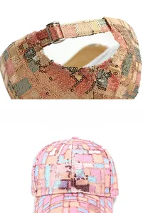 Close-up of glitter sequins texture and adjustable metal buckle on baseball cap