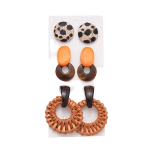 Bohemian earrings set with leopard fabric, orange resin, and woven rattan hoops