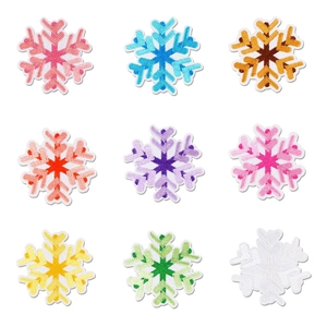 Detailed grid view of nine colorful snowflake embroidery patches for DIY clothing decor
