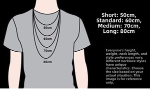 Size guide for stainless steel cross necklaces showing lengths from 50cm to 80cm for men
