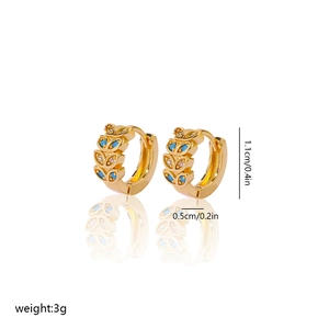 Detail of 1.1cm gold-plated hoop earrings with blue enamel leaves and white zircon