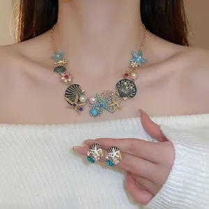 Starfish Shell Coral Ocean Necklace And Earrings With Faux Artificial Pearl Enamel And 925 Sterling Silver Earring Post Alloy
