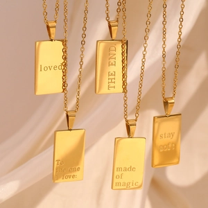 Gold 18K plated stainless steel rectangle pendant necklaces with engraved inspirational words