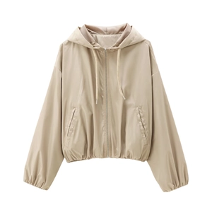 Women's casual khaki hooded windbreaker jacket with zipper and adjustable drawstrings