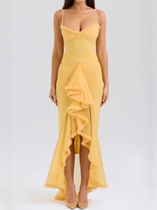 Elegant yellow V-neck ruffle evening dress with a slim fit and asymmetrical high-low hem