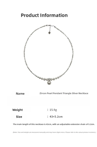 Detail view of zircon and pearl necklace with dimensions and 43cm plus 5.2cm chain length