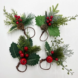 Christmas Napkin Ring With Artificial Pine Needles Red Berries And Pine Cone Festive Rustic Table Decoration For Holiday Dining Home Party