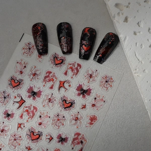 5D embossed Halloween nail stickers with dark spider and red heart web patterns