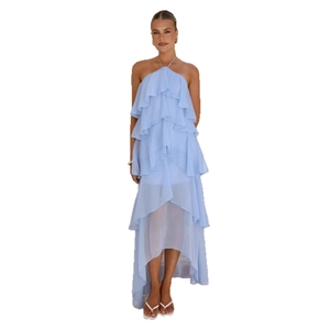 Light blue halter neck ruffled chiffon dress with irregular high-low hem for summer