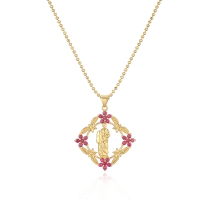 18K gold plated copper necklace with diamond-shaped pendant and pink gemstone