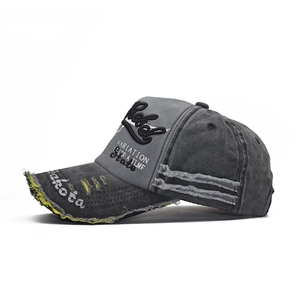 Distressed grey cotton baseball cap with Rebel embroidery and vintage worn-out details