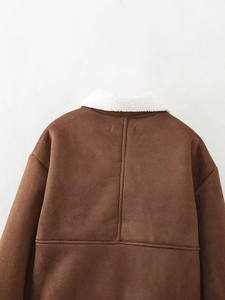 Detailed back view of a brown faux suede jacket with white faux shearling collar detail