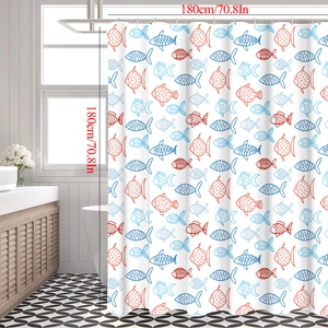 Minimalist shower curtain with red and blue fish patterns, measuring 180x180 cm