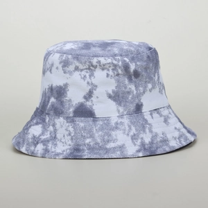 Detailed view of gray tie-dye bucket hat featuring marble pattern and reinforced stitching