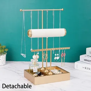 3-tier gold metal jewelry organizer stand with white velvet bars for necklace and earrings
