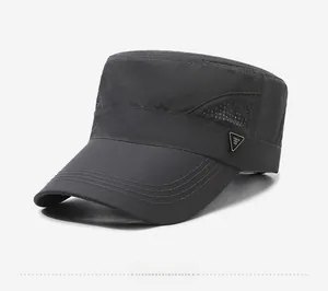 Detail of dark grey sun hat featuring breathable side mesh and triangle metal logo