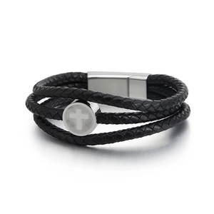 Mens three-layer black woven leather bracelet with silver stainless steel cross pendant
