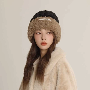 Winter plush bicolor knitting hat for women in black and khaki for warmth