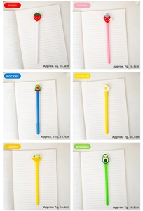 Detailed grid view of assorted cartoon gel pens with strawberry and fruit topper designs