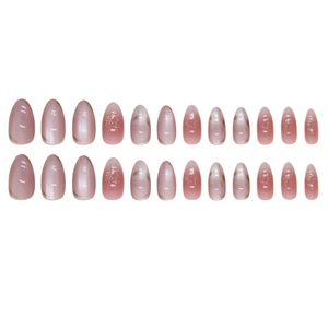 Short almond press-on nails in pink mauve cat-eye glitter design with 24 piece set