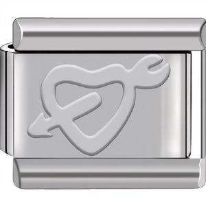 Macro detail of silver stainless steel charm with engraved heart and arrow pattern