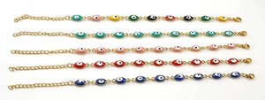 Detail of multi-colored Evil Eye enamel charms on 18K gold-plated stainless steel chains