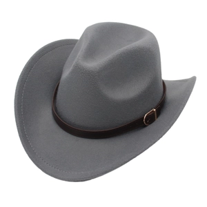 Classic Western cowboy felt hat in light gray with dark brown leather belt buckle detail