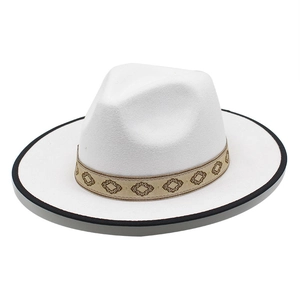 Vintage wool fedora hat in beige with black piping and patterned ribbon band