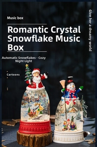 Detail of Santa Claus snow globe with automatic snow feature and festive warm night light