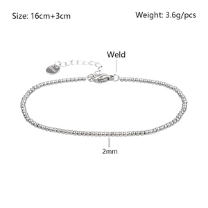 Detail of 2mm stainless steel bead bracelet with 16+3cm length and 3.6g weight
